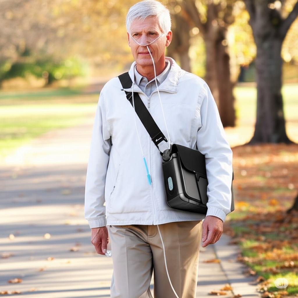 Person with COPD walking outside using a portable oxygen concentrator with a nasal cannula