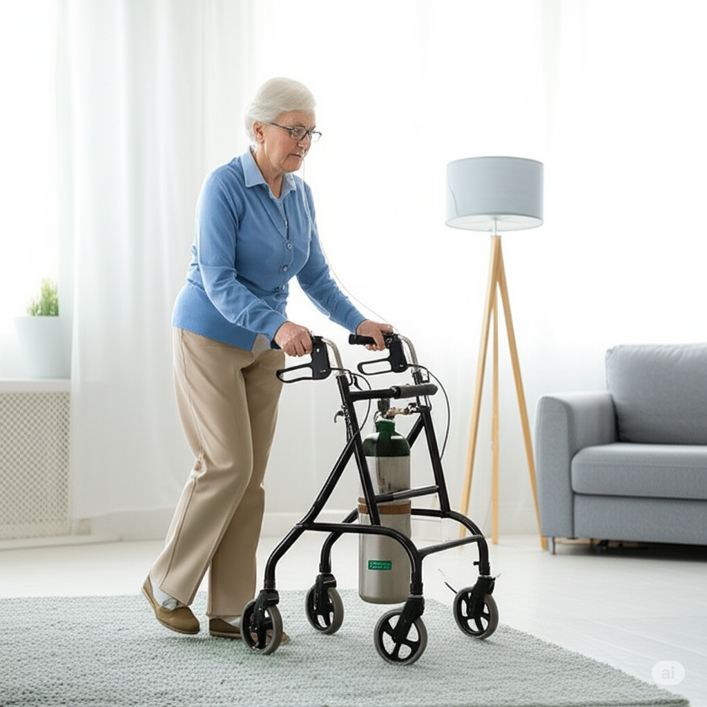 Person with COPD using a walker with an oxygen tank
