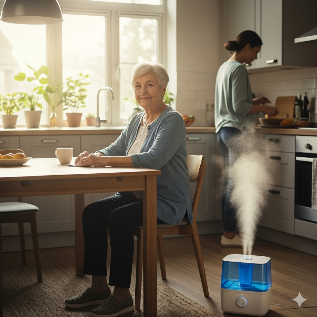 Person with COPD at a kitchen table with a humidifier running in the room