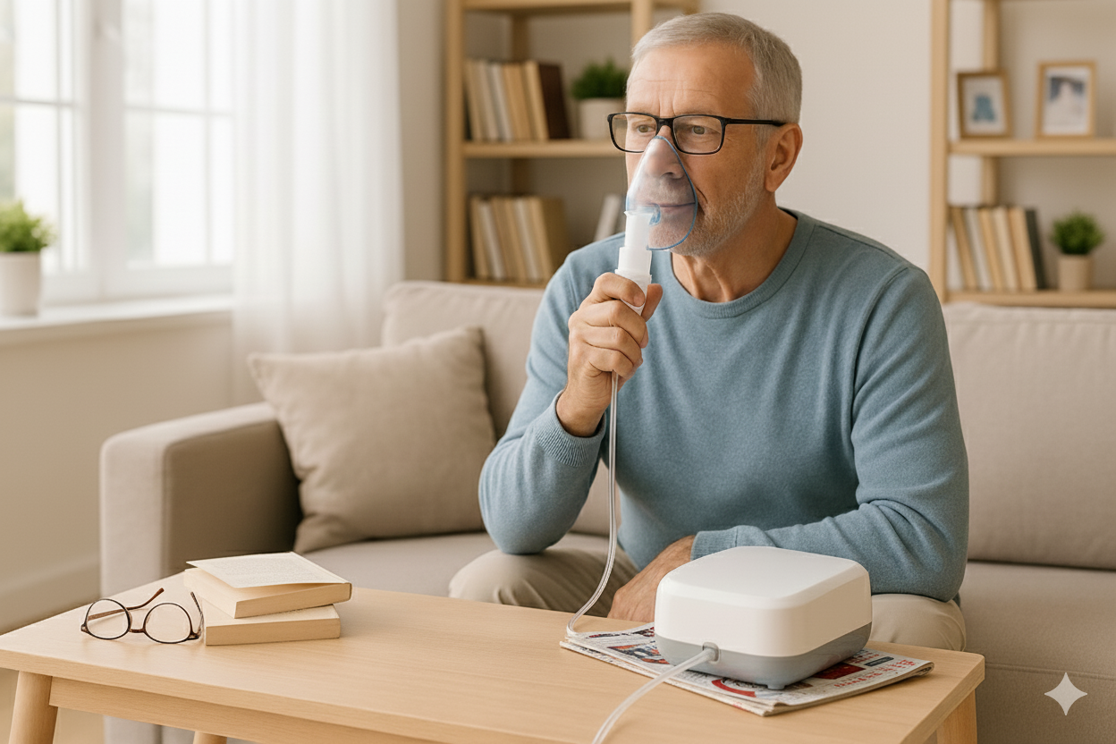 man with COPD using a portable nebulizer at home