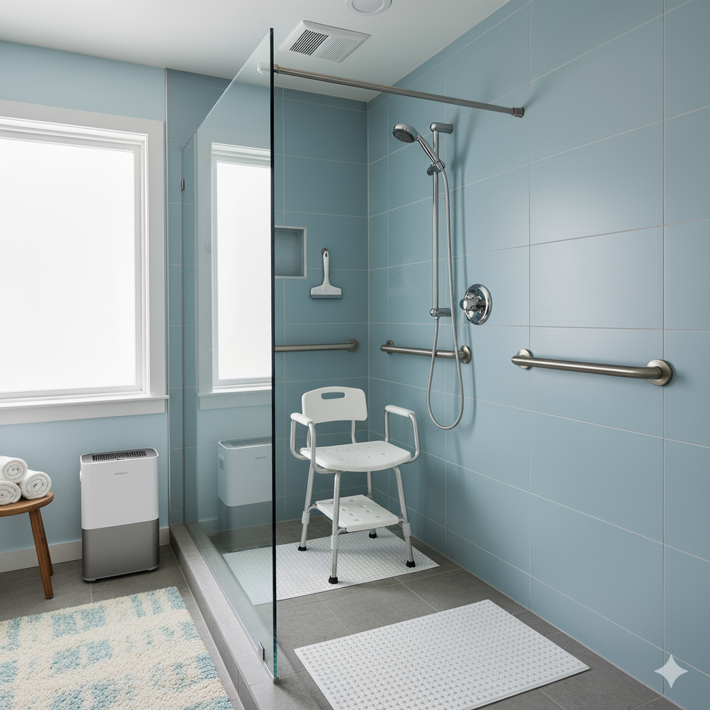 image of a bathroom shower area with items to make it safer and more comfortable for someone with COPD