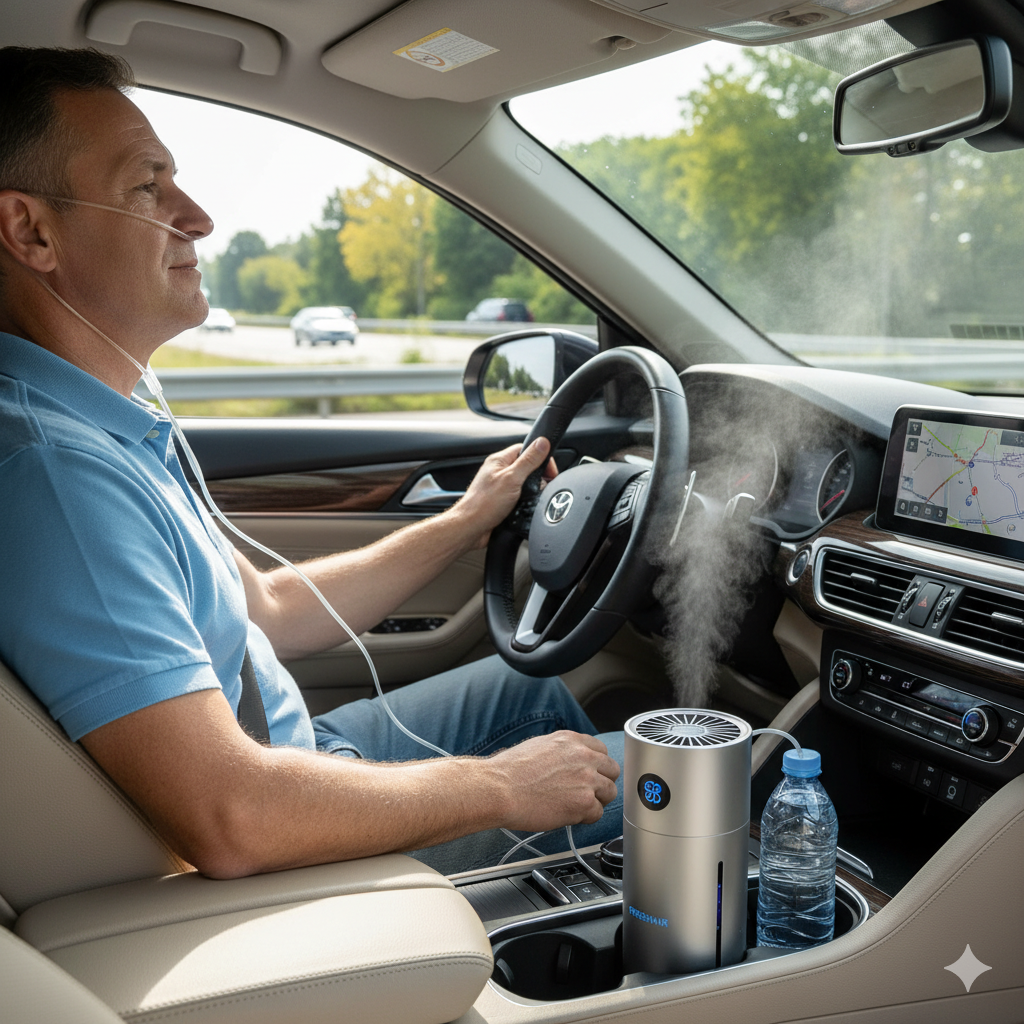 a portable cup holder air purifier in a car being driven by a person with COPD who is wearing a nasal cannula