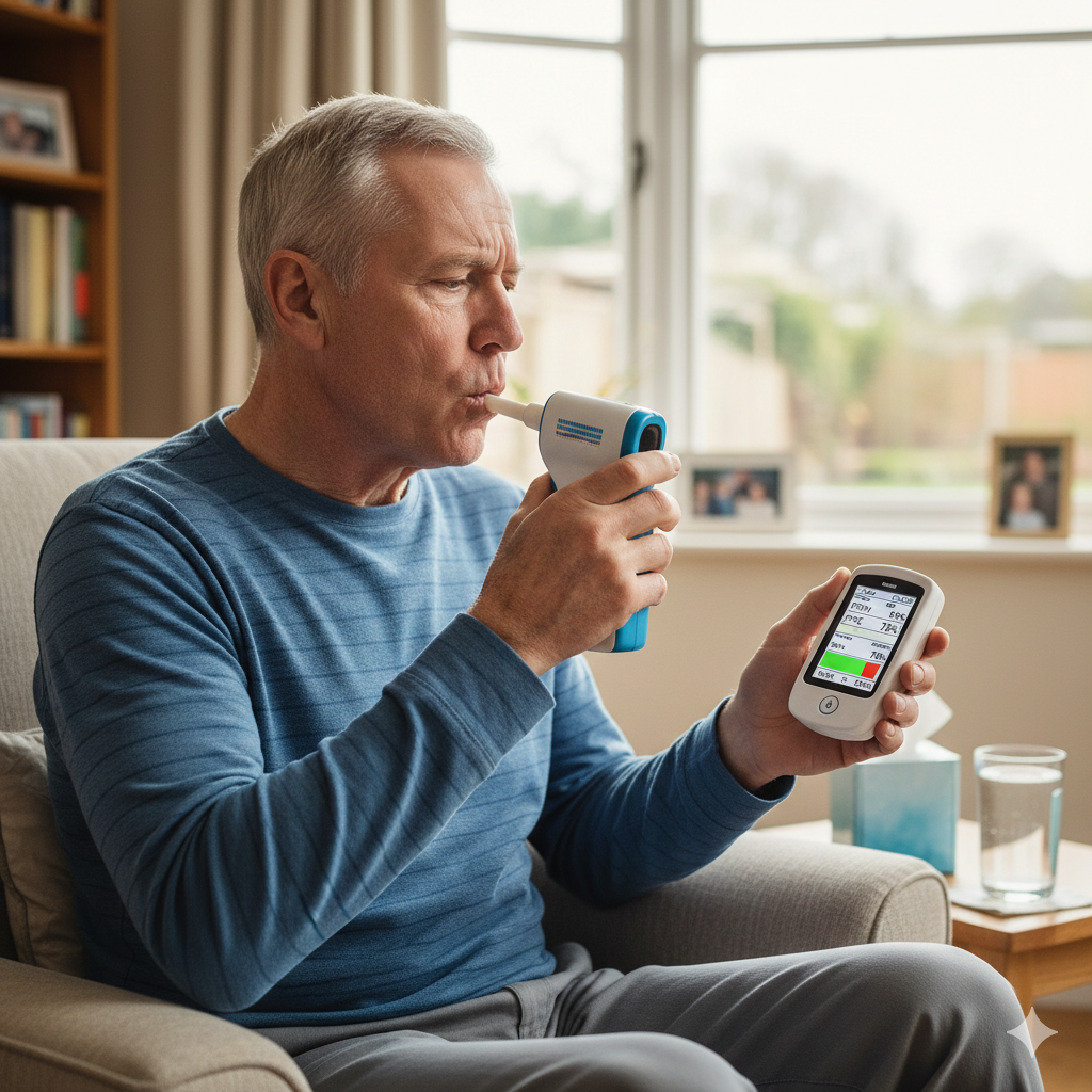 a man using a portable spirometer to check his lung function and the status of his COPD